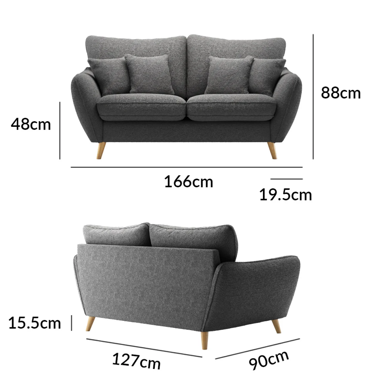 Palma Charcoal Chenille Fabric 2 Seater Sofa – image 9