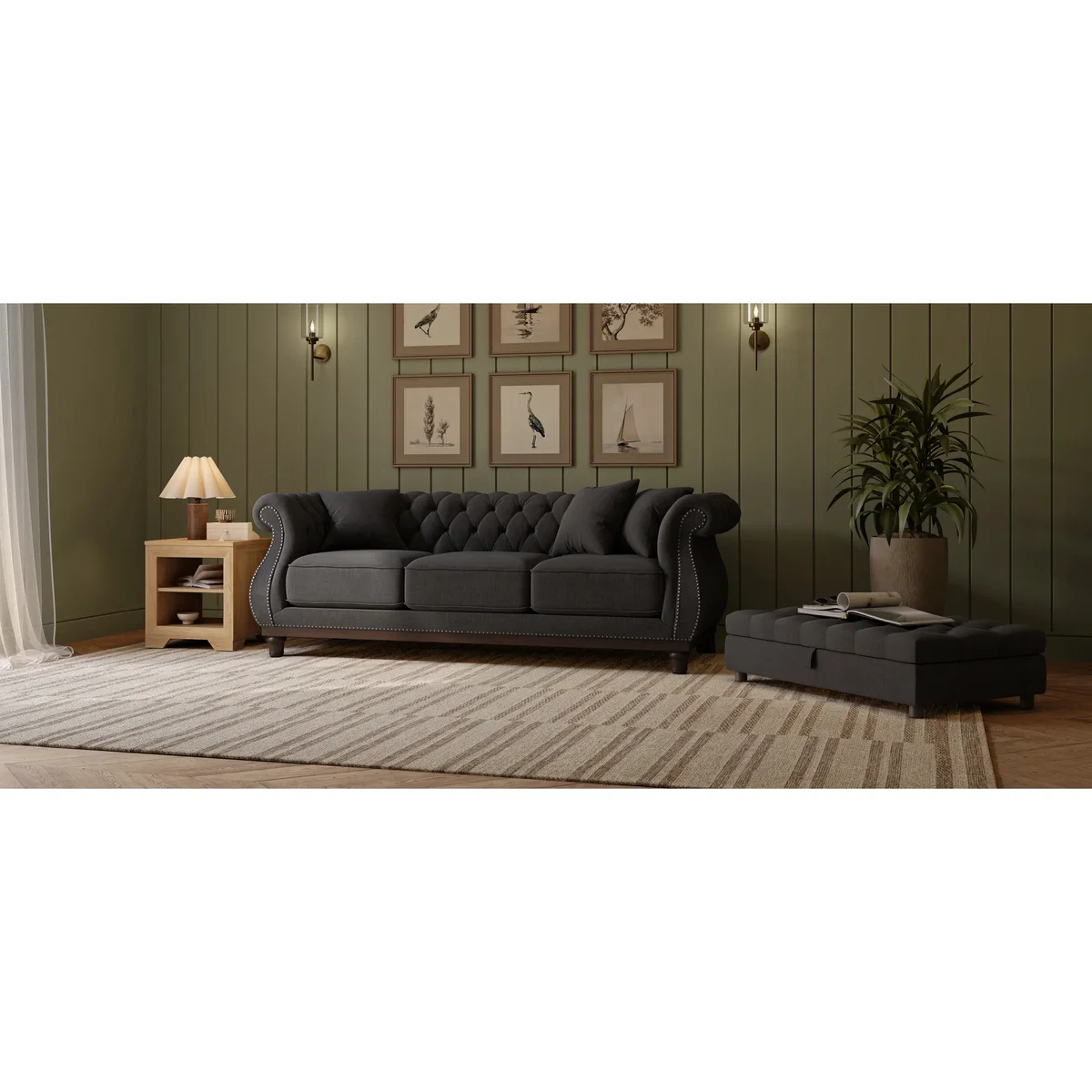 Harrow Chesterfield Black Linen Fabric 3 Seater Sofa – image 7