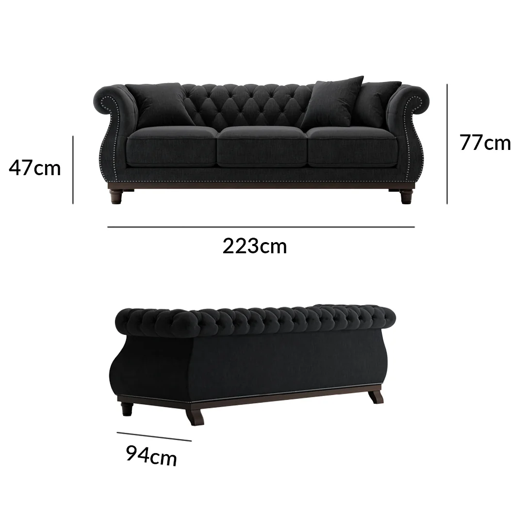 Harrow Chesterfield Black Linen Fabric 3 Seater Sofa – image 10