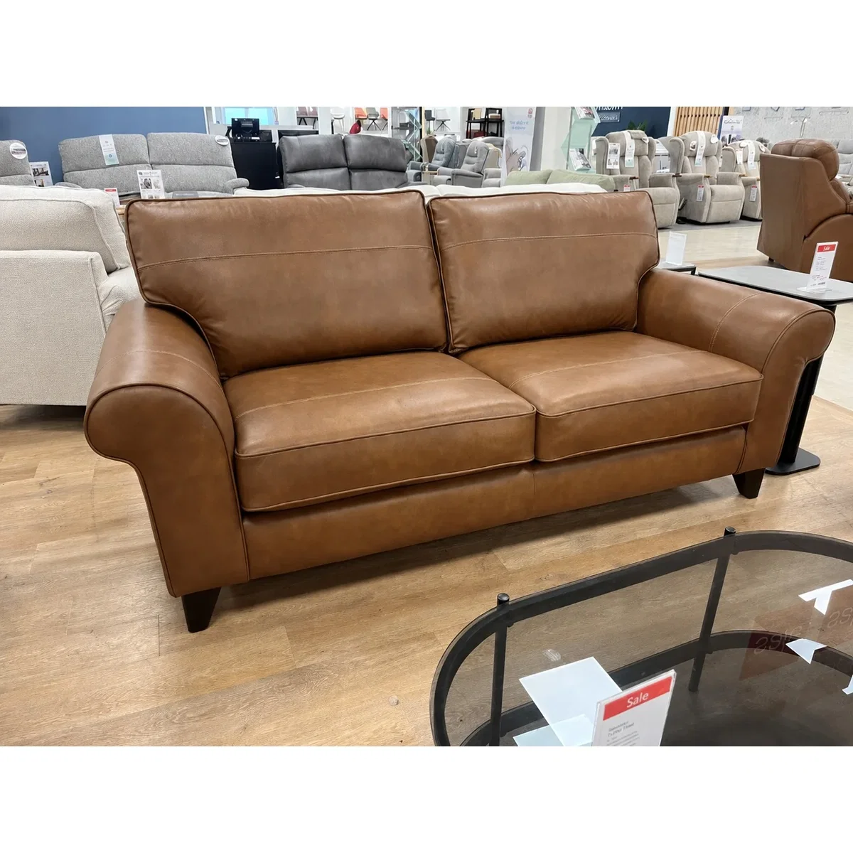 The Lounge Co Penelope 3 Seater Sofa in Dallas Tan Leather With Vintage Oak Tapered Legs – image 3