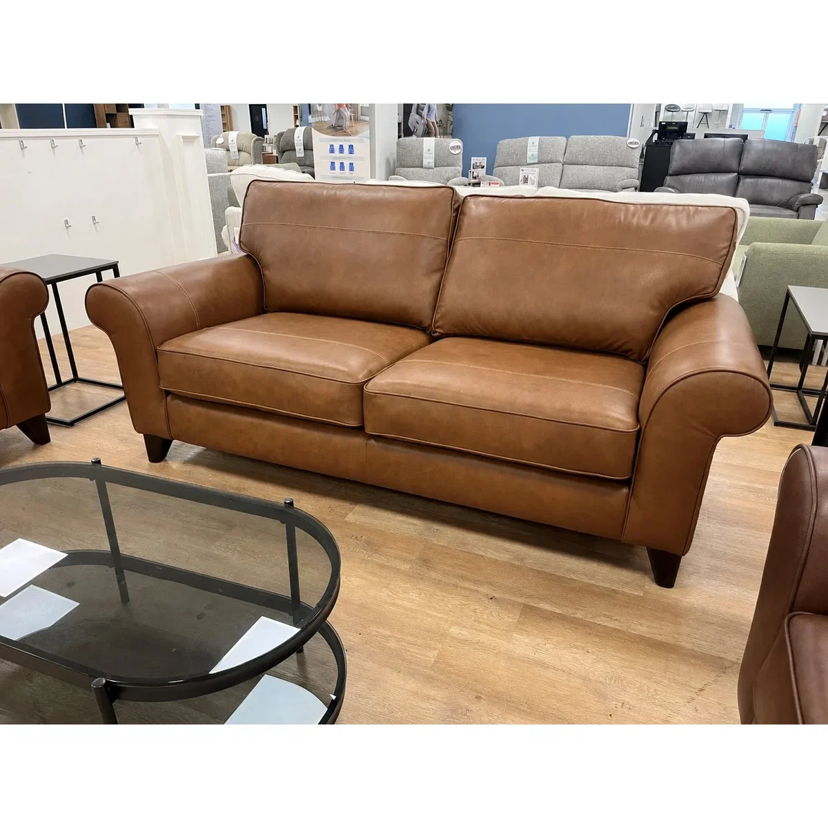 The Lounge Co Penelope 3 Seater Sofa in Dallas Tan Leather With Vintage Oak Tapered Legs – image 4