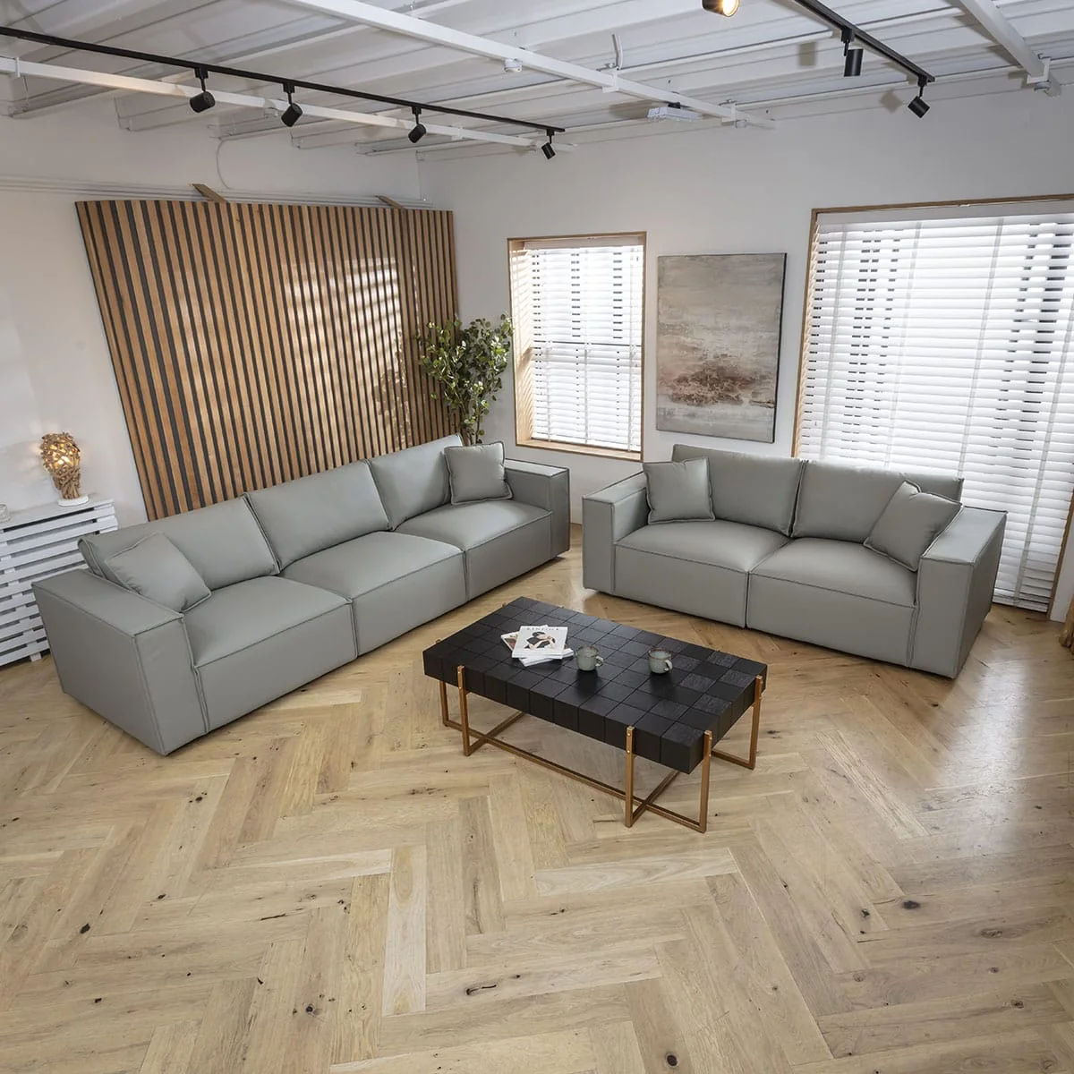 Modern Grey Leather 2 Seater and 3 Seater Sofa Settee Couch Set – image 2