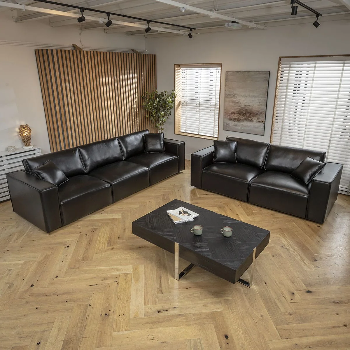 Modern Black Leather 2 Seater and 3 Seater Sofa Settee Couch Set – image 10