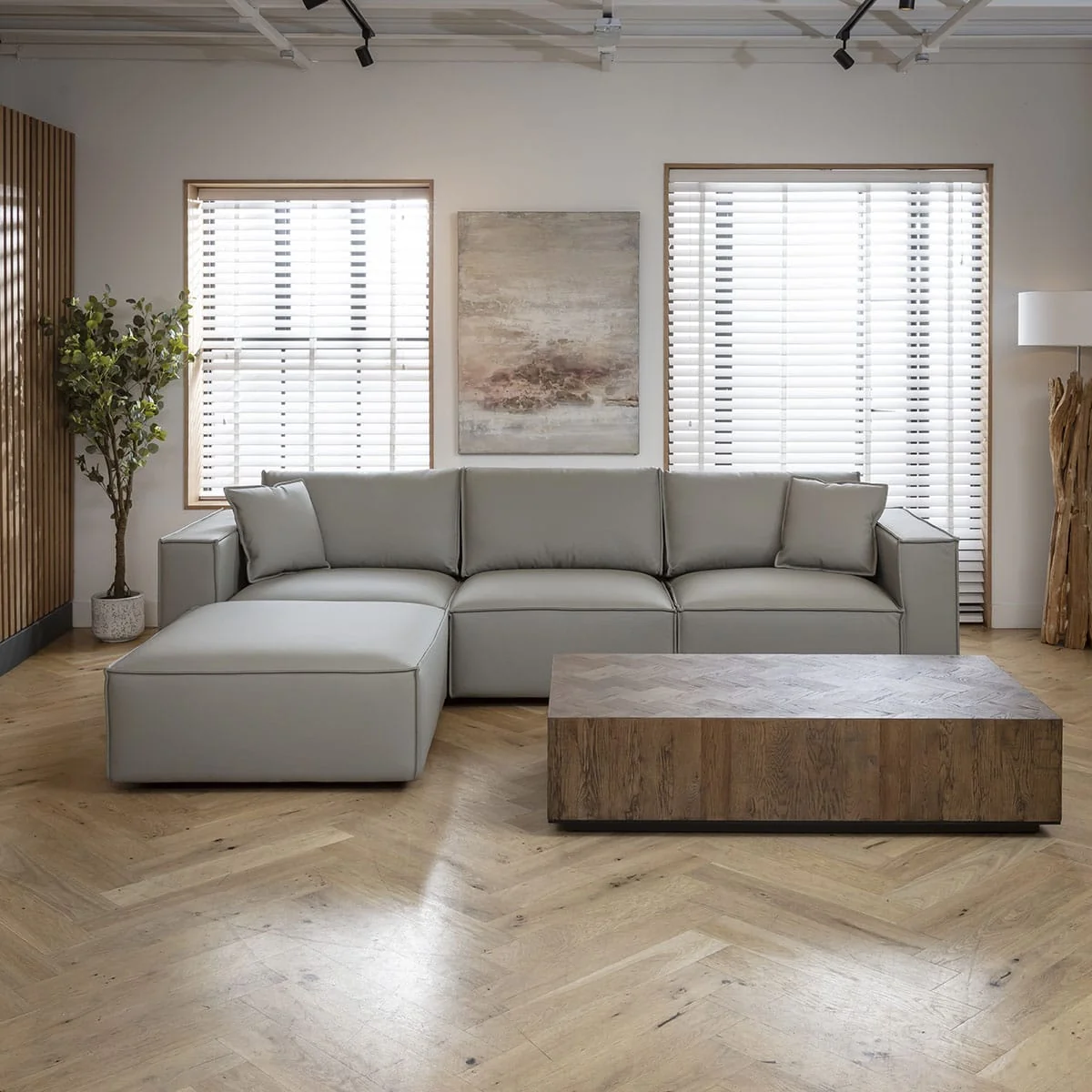 Modern 3 Seater Grey Leather Sofa and Footstool 309x196cm – image 2