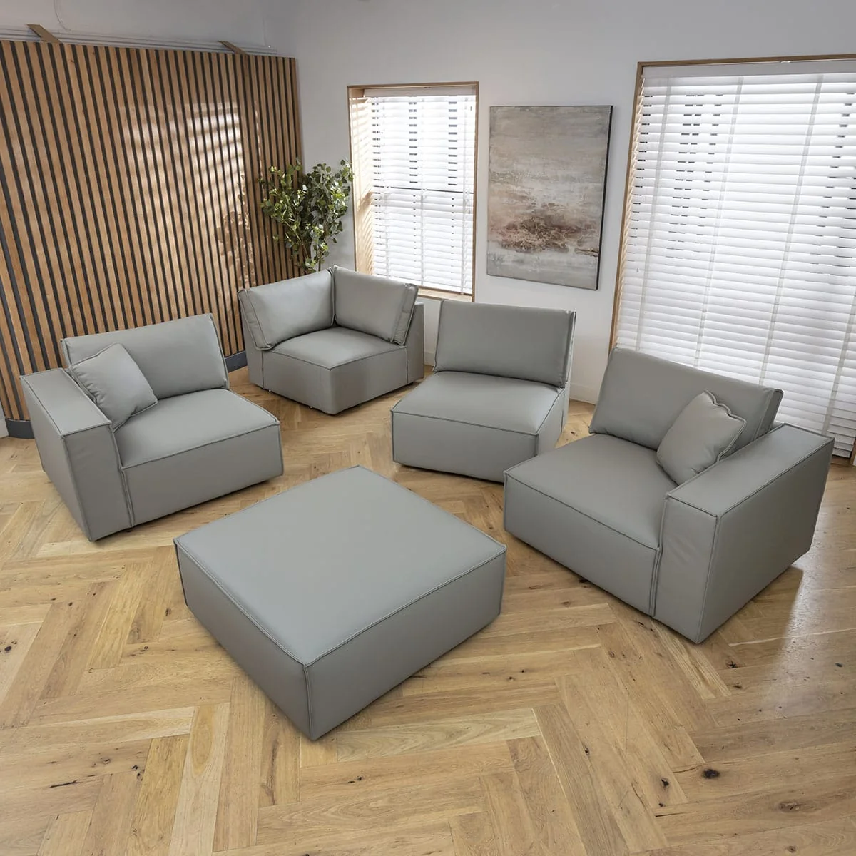 Modern 3 Seater Grey Leather Sofa and Footstool 309x196cm – image 4