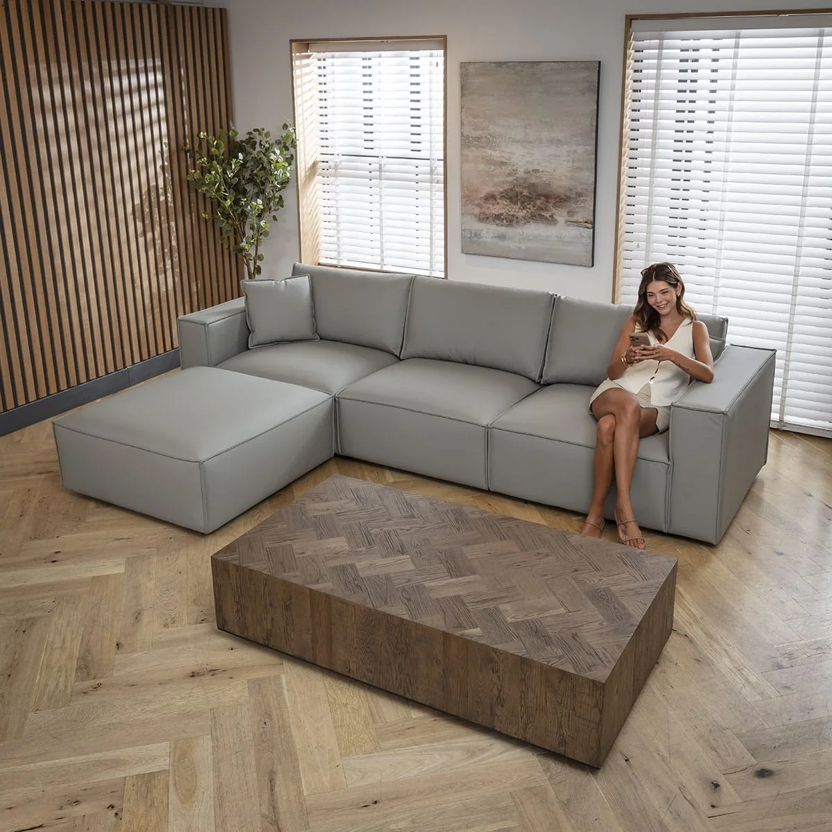 Modern 3 Seater Grey Leather Sofa and Footstool 309x196cm – image 1