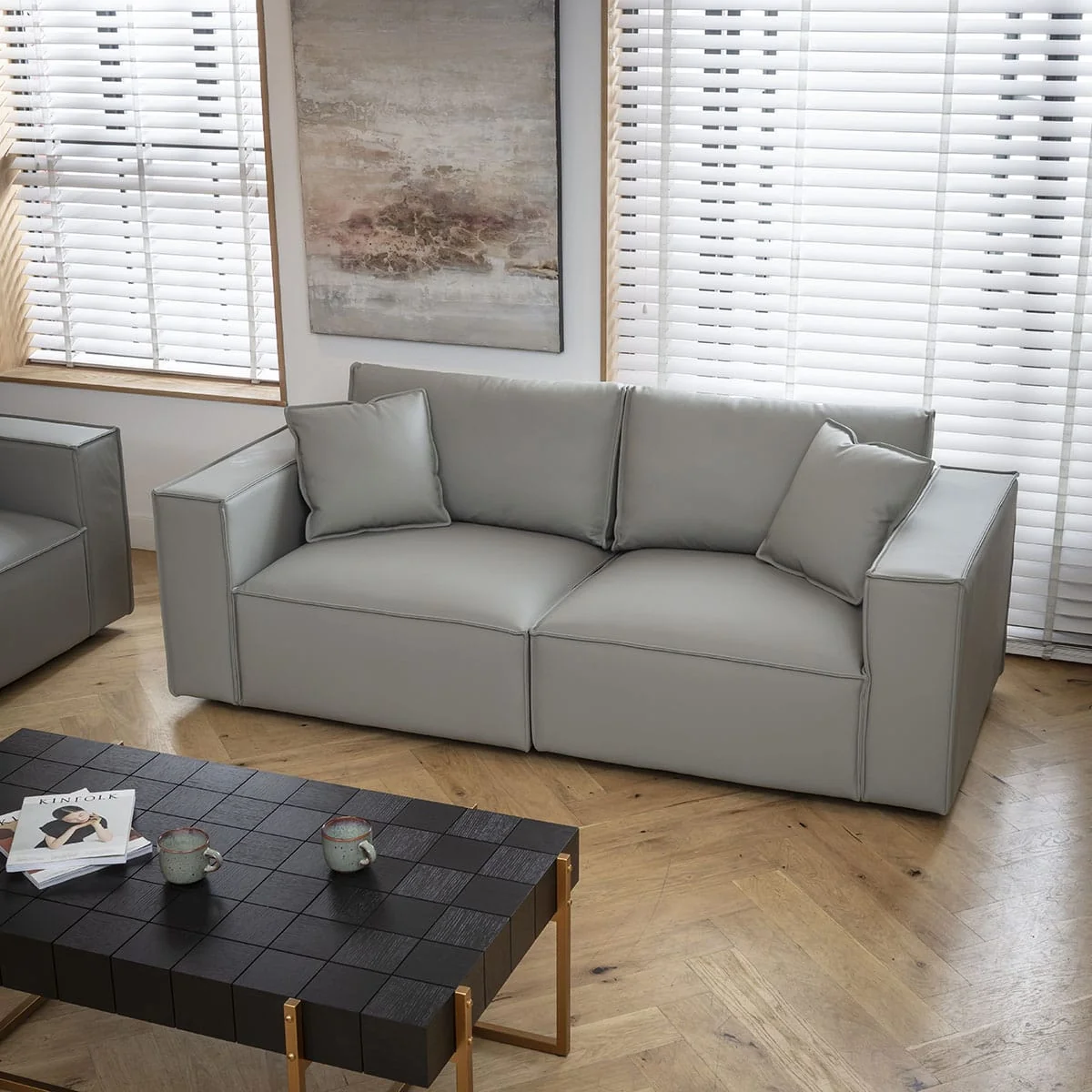 Modern 2 Seater Modular Sofa in Real Grey Leather 220cm – image 2