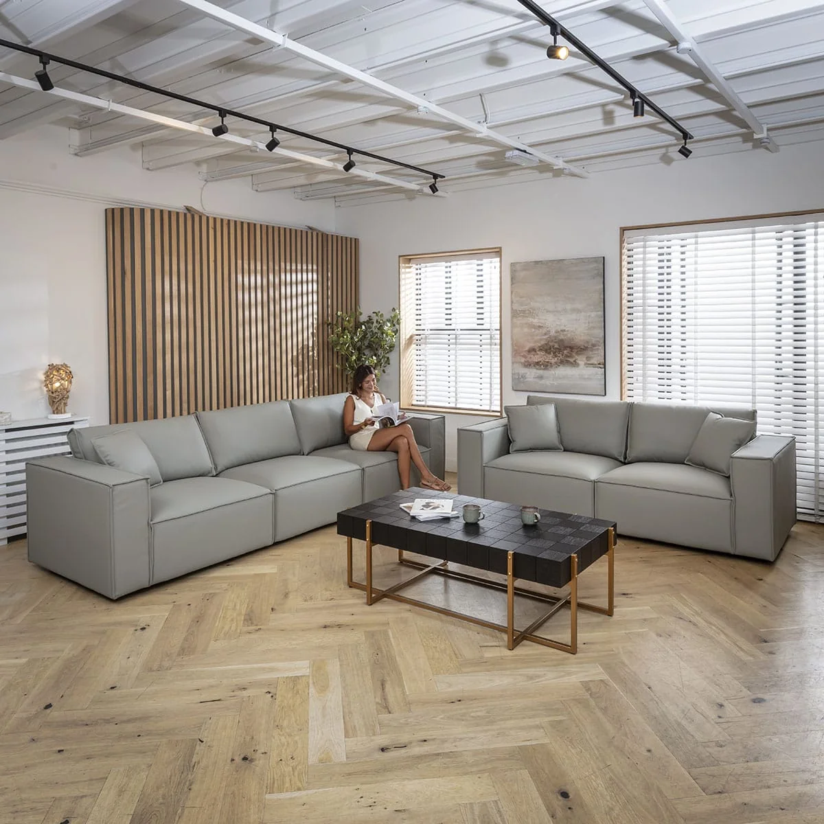 Modern 2 Seater Modular Sofa in Real Grey Leather 220cm – image 4