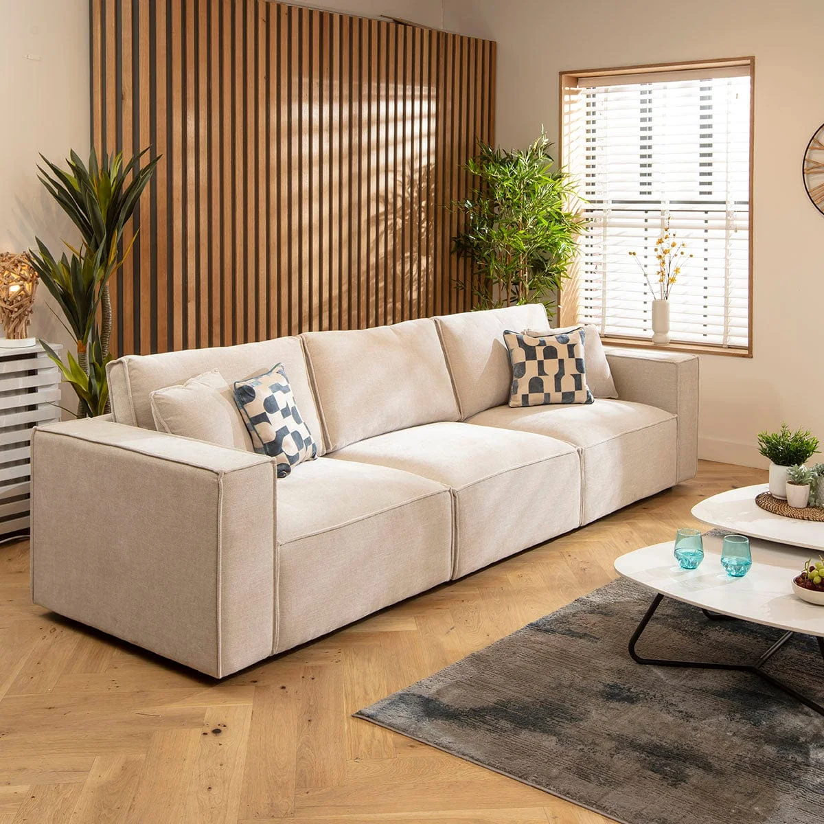 Modern Small 3 Seater Sofa Modular Settee Natural Cream Fabric 309x98cm 1 – image 2