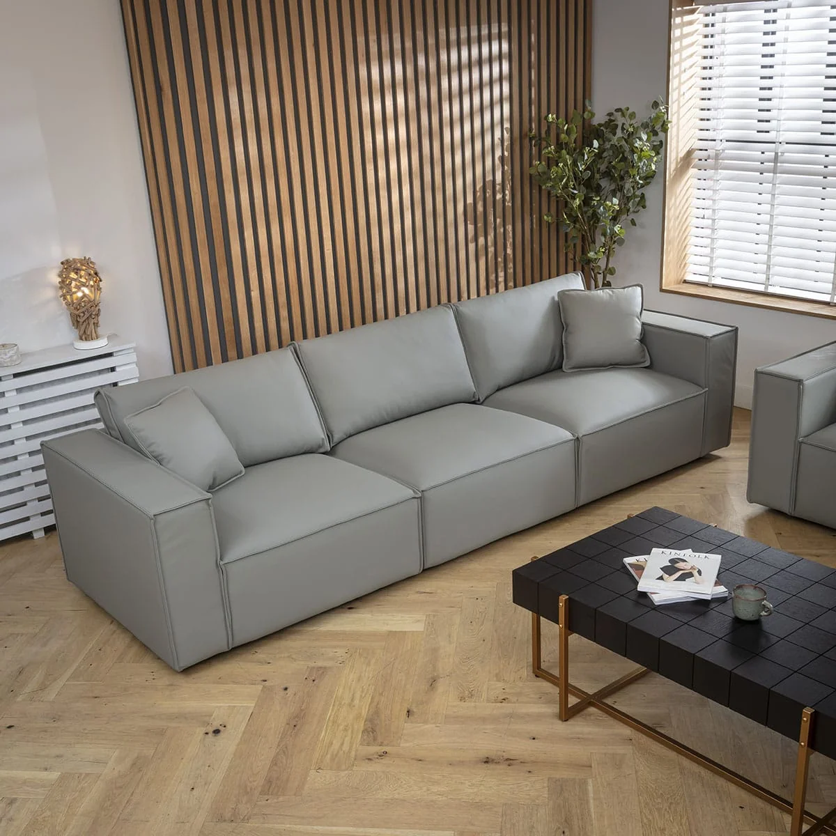 Modern Modular 3 Seater Sofa in Premium Grey Leather 309cm – image 2