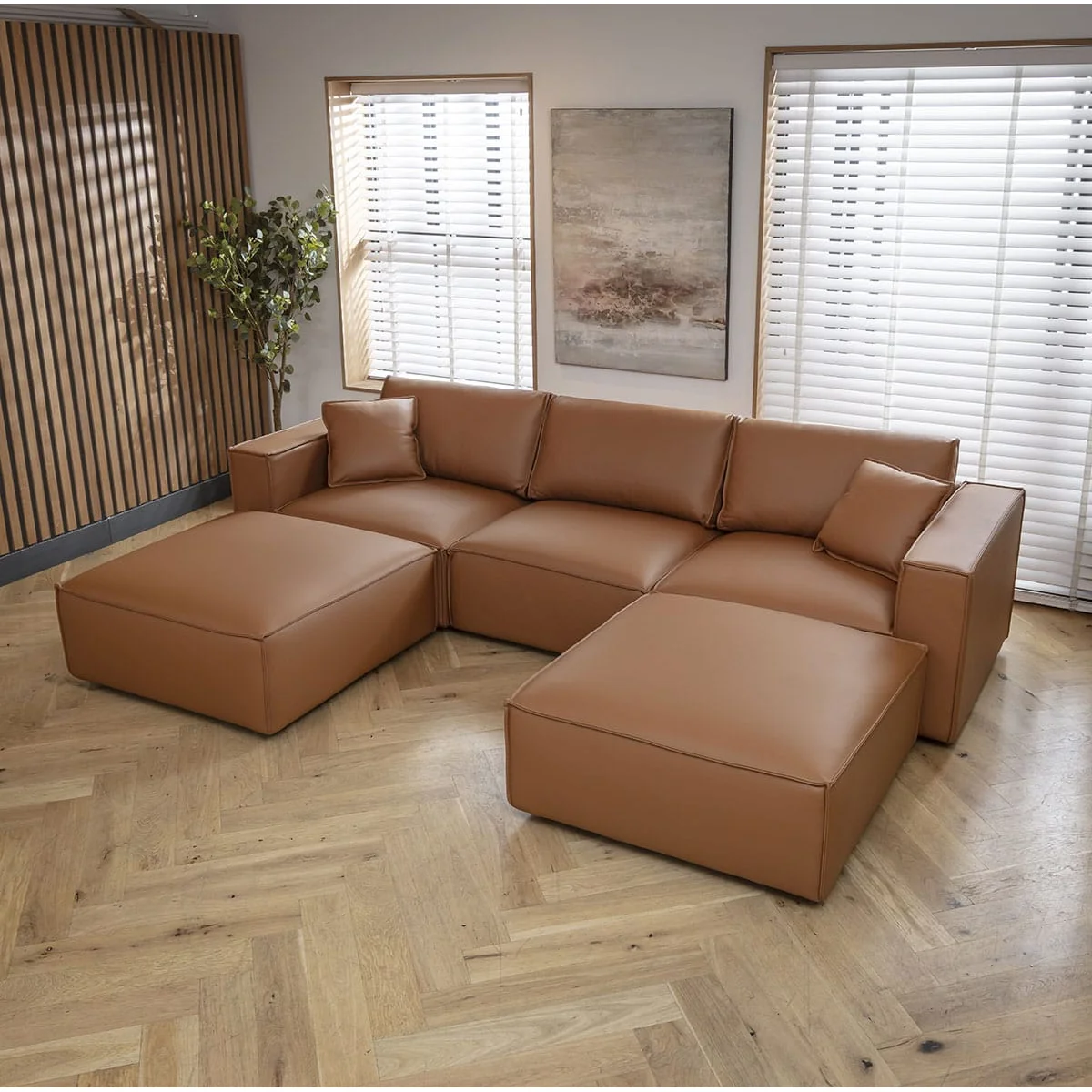 Modern Tan Leather Modular U-Shape Sofa Couch 309x196cm – image 2