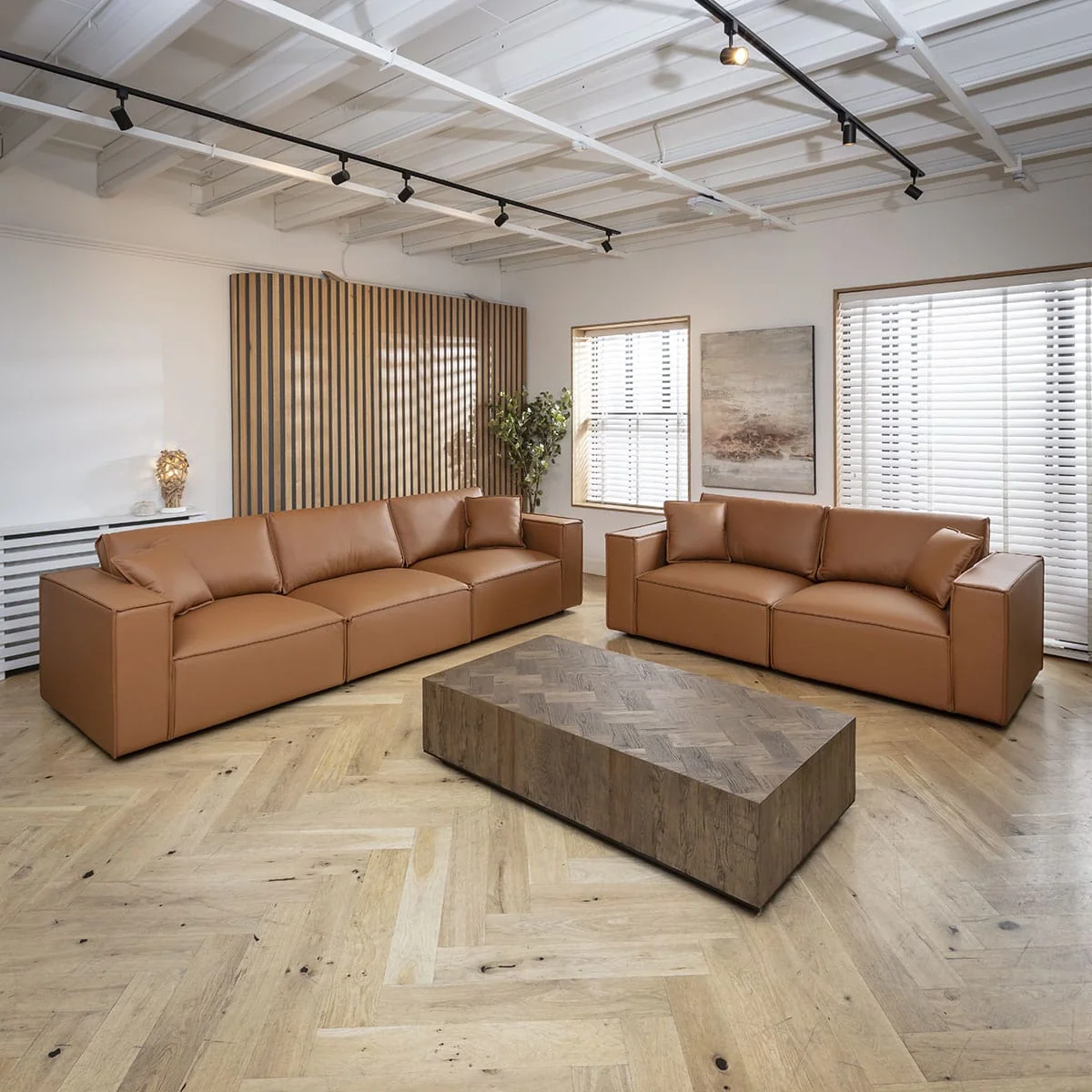Modern Tan Leather 2 Seater and 3 Seater Sofa Settee Couch Set – image 2