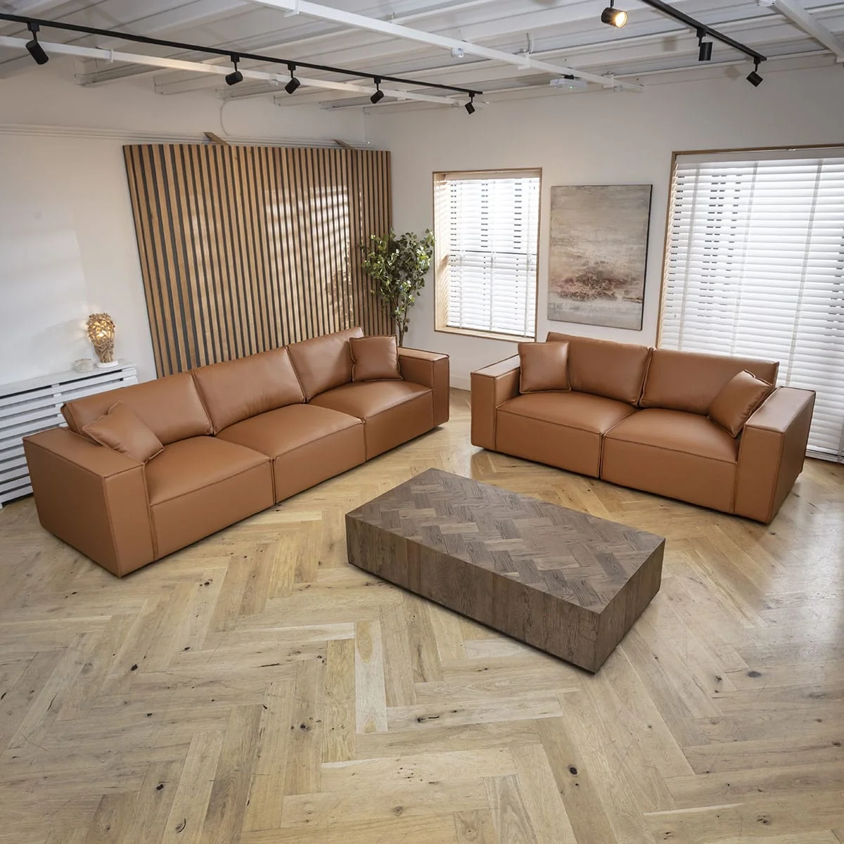 Modern Tan Leather 2 Seater and 3 Seater Sofa Settee Couch Set – image 3