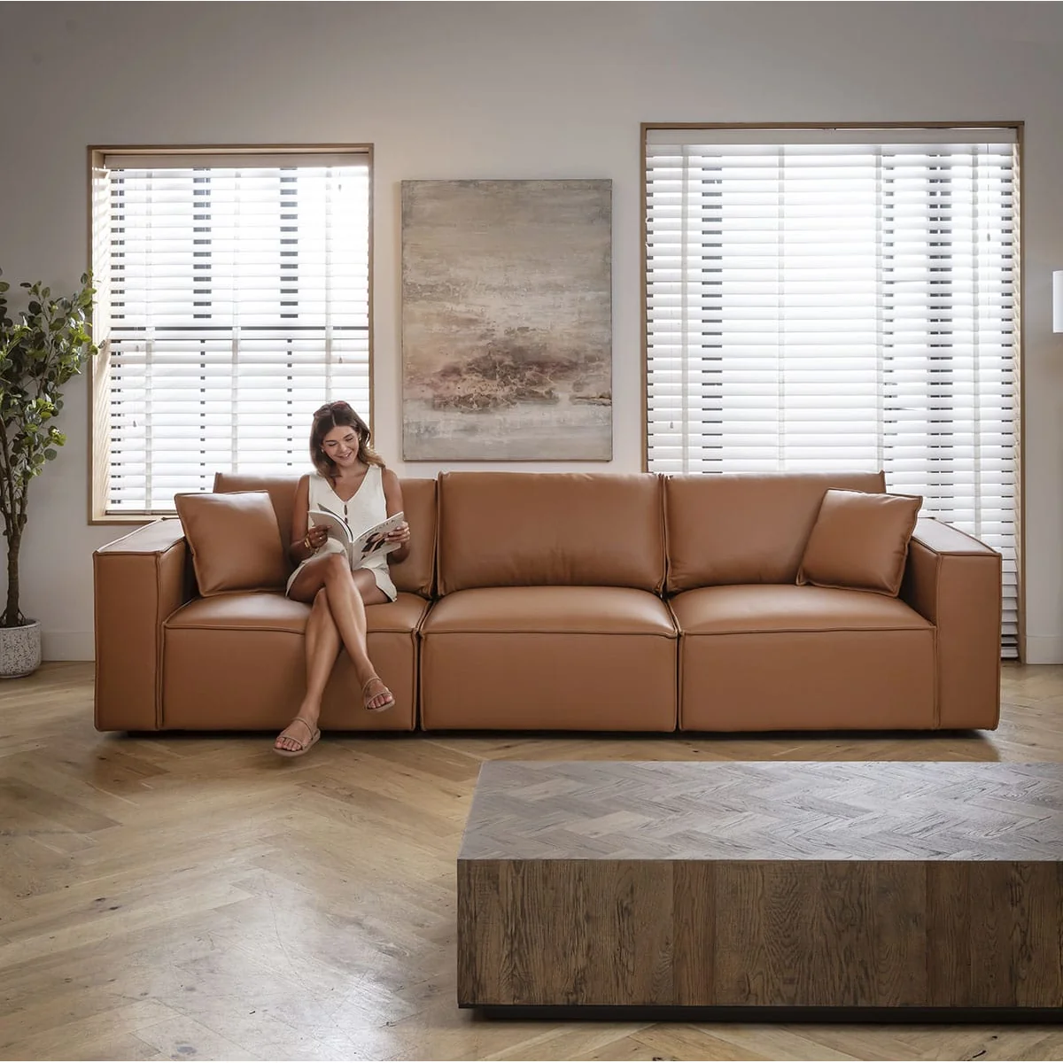 Modern Tan Leather 2 Seater and 3 Seater Sofa Settee Couch Set – image 9