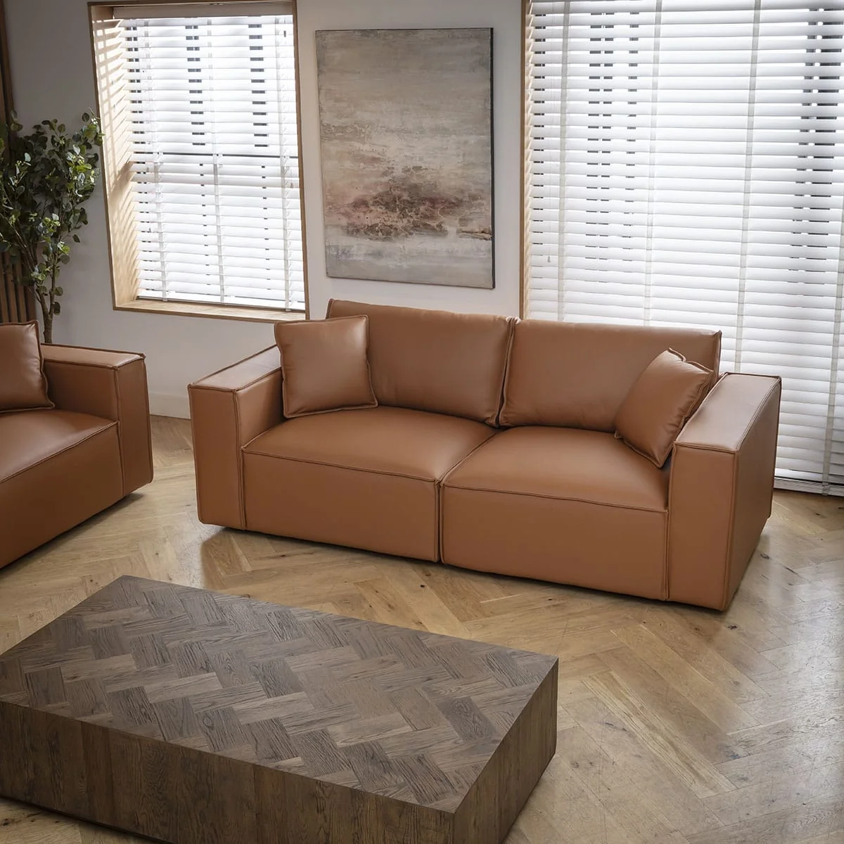Modern Tan Leather 2 Seater and 3 Seater Sofa Settee Couch Set – image 10