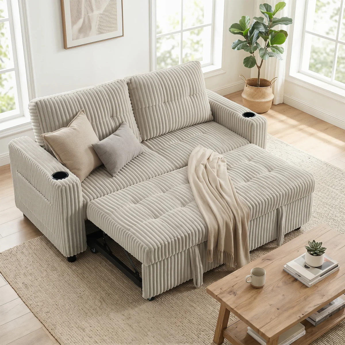 HOMCOM 2 Seater Sofa Bed Click Clack Pull Out Bed Settee - Cream White – image 1