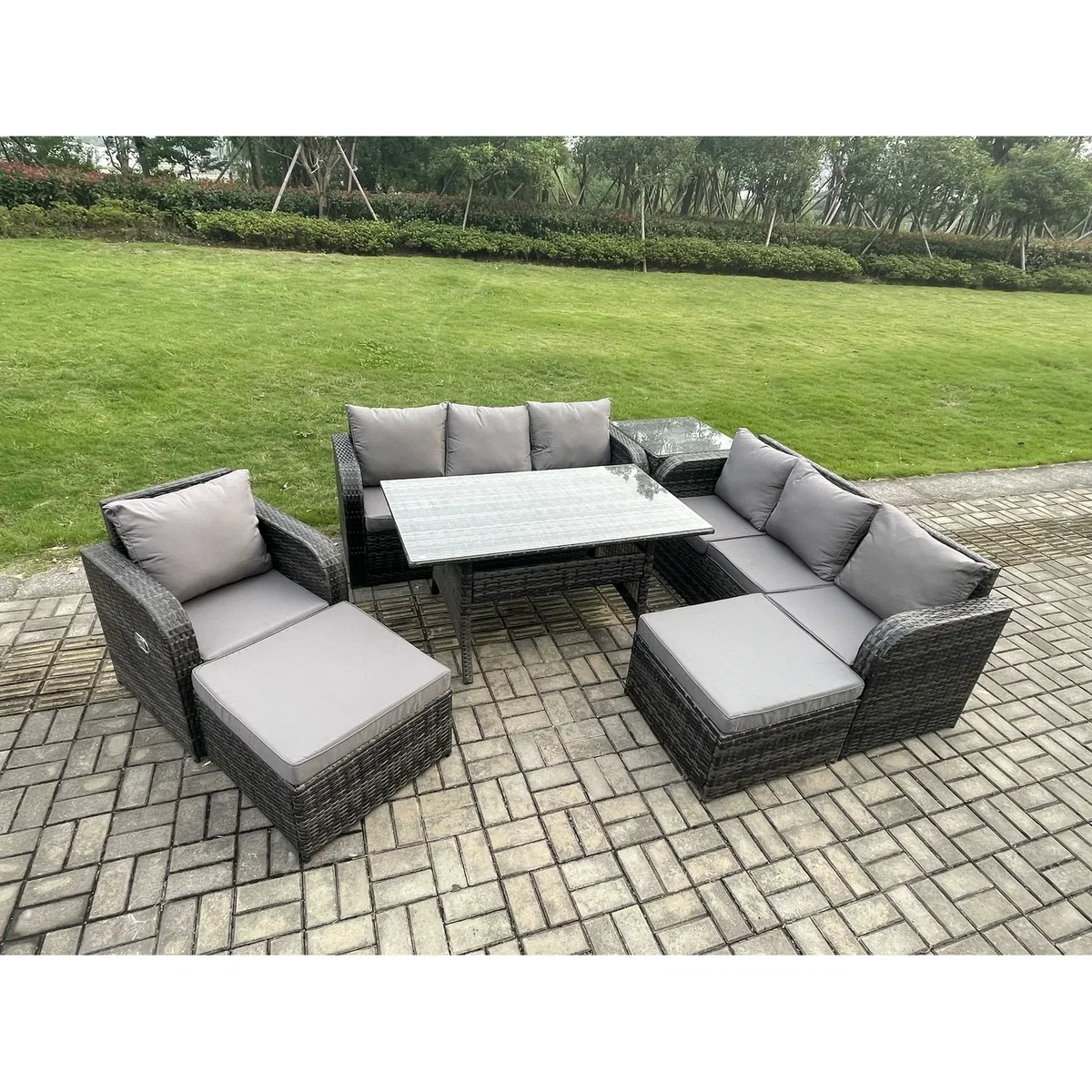 Fimous 9-Seater Rattan Dining Sofa Set with Side Table & 2 Footstools - Dark Grey – image 3