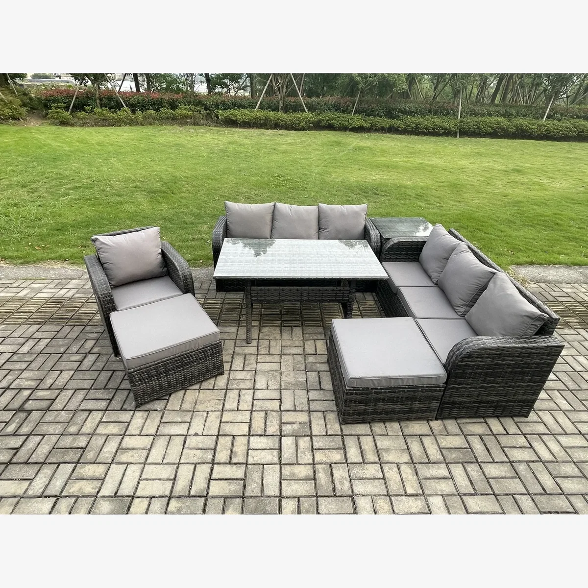 Fimous 9-Seater Rattan Dining Sofa Set with Side Table & 2 Footstools - Dark Grey – image 1