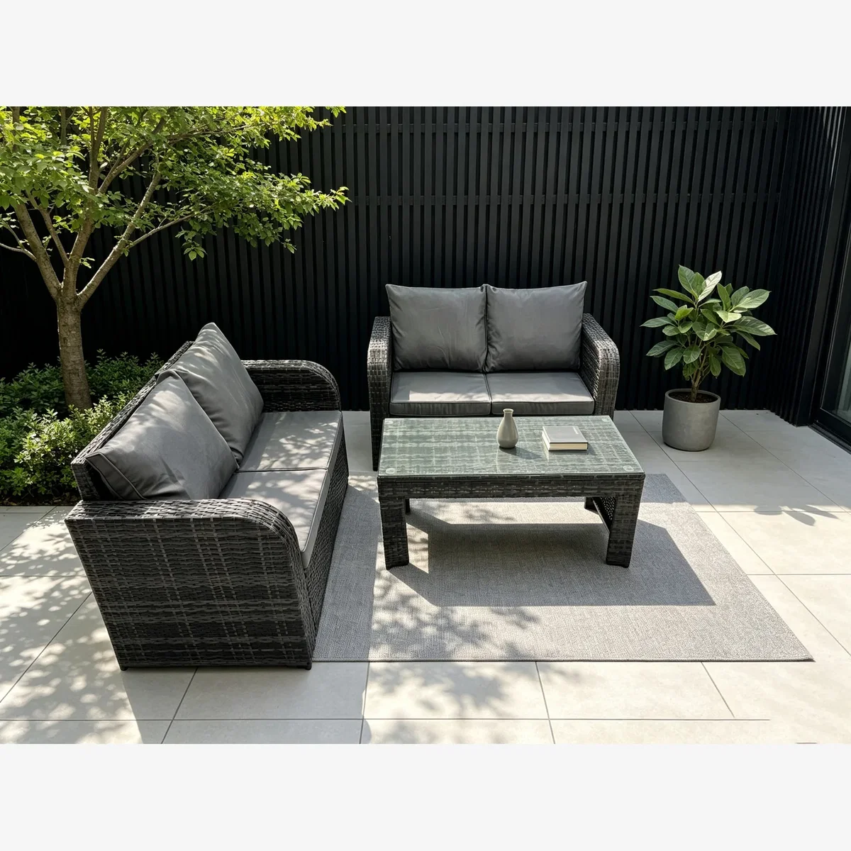 Fimous 4-Seater Rattan Sofa Set with Coffee Table - Dark Grey