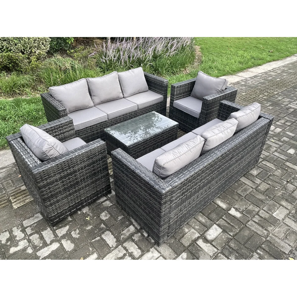 Fimous Rattan Patio Sofa Set with 2 Armchairs & Coffee Table - Dark Grey – image 3