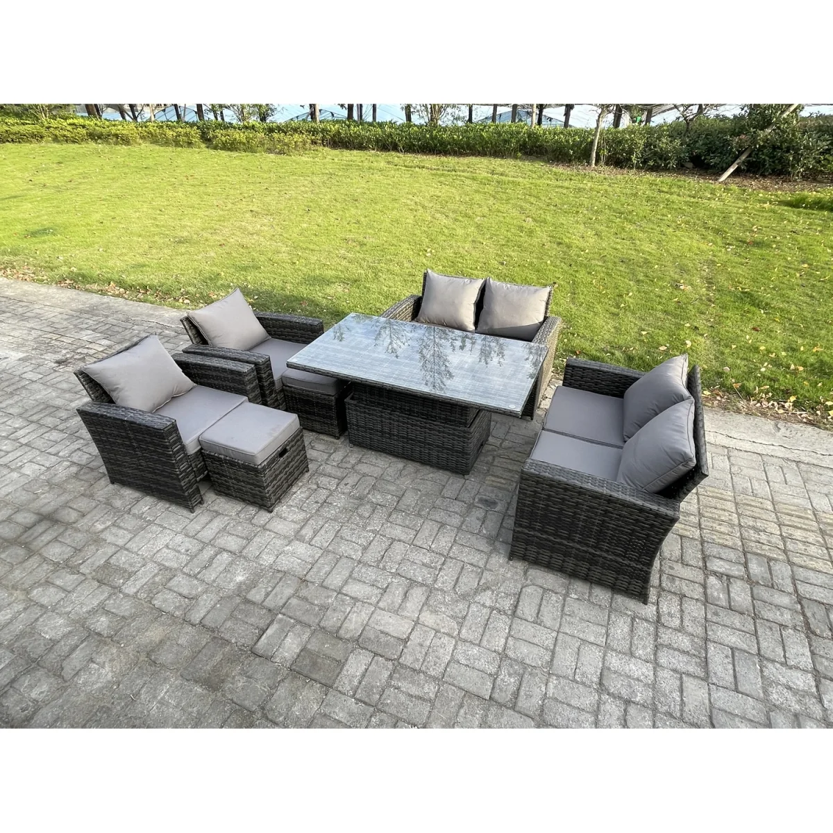 Fimous 8-Seater Rattan Sofa Set with Rising Table & Footstools - Dark Grey - Dark grey mixed rattan with dark grey fabric – image 5