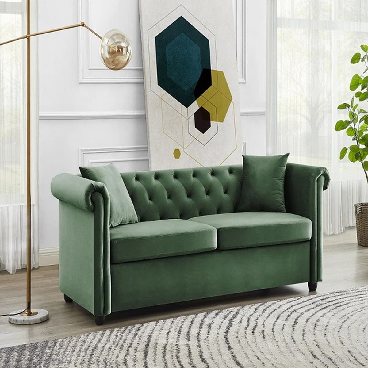 Scotia Chesterfield Seater Sofa Button Back with Matching Cushions - Green Velvet / 3