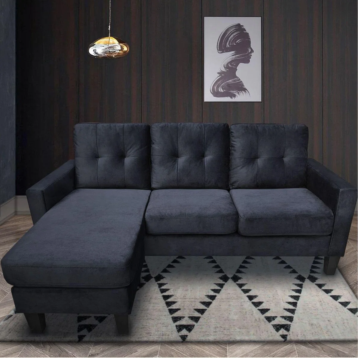 Vika Velvet 3 Seater Convertible Sectional Sofa - Black Velvet