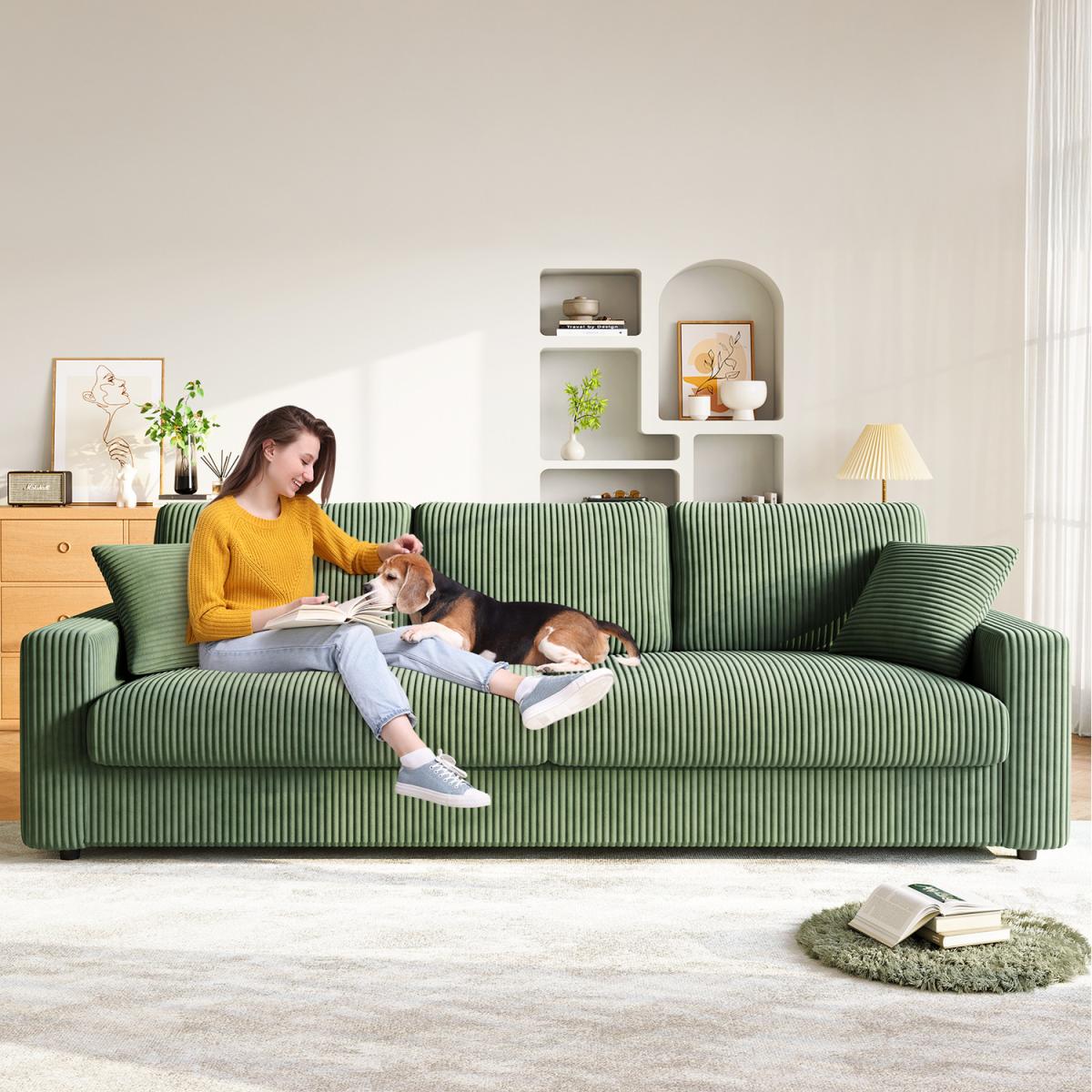 4-Seater Long Sofa Corduroy Fabric Couch for Living Room - Green