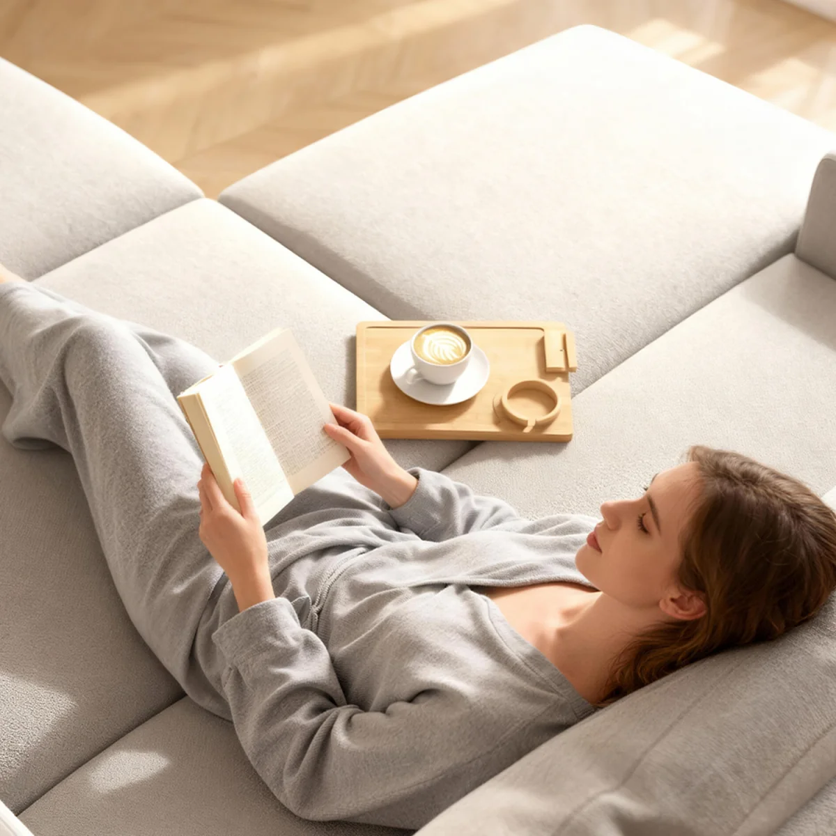 HOMCOM Anti-Slip Sofa Armrest Tray with Phone and Cup Holder - Natural wood finish – image 2