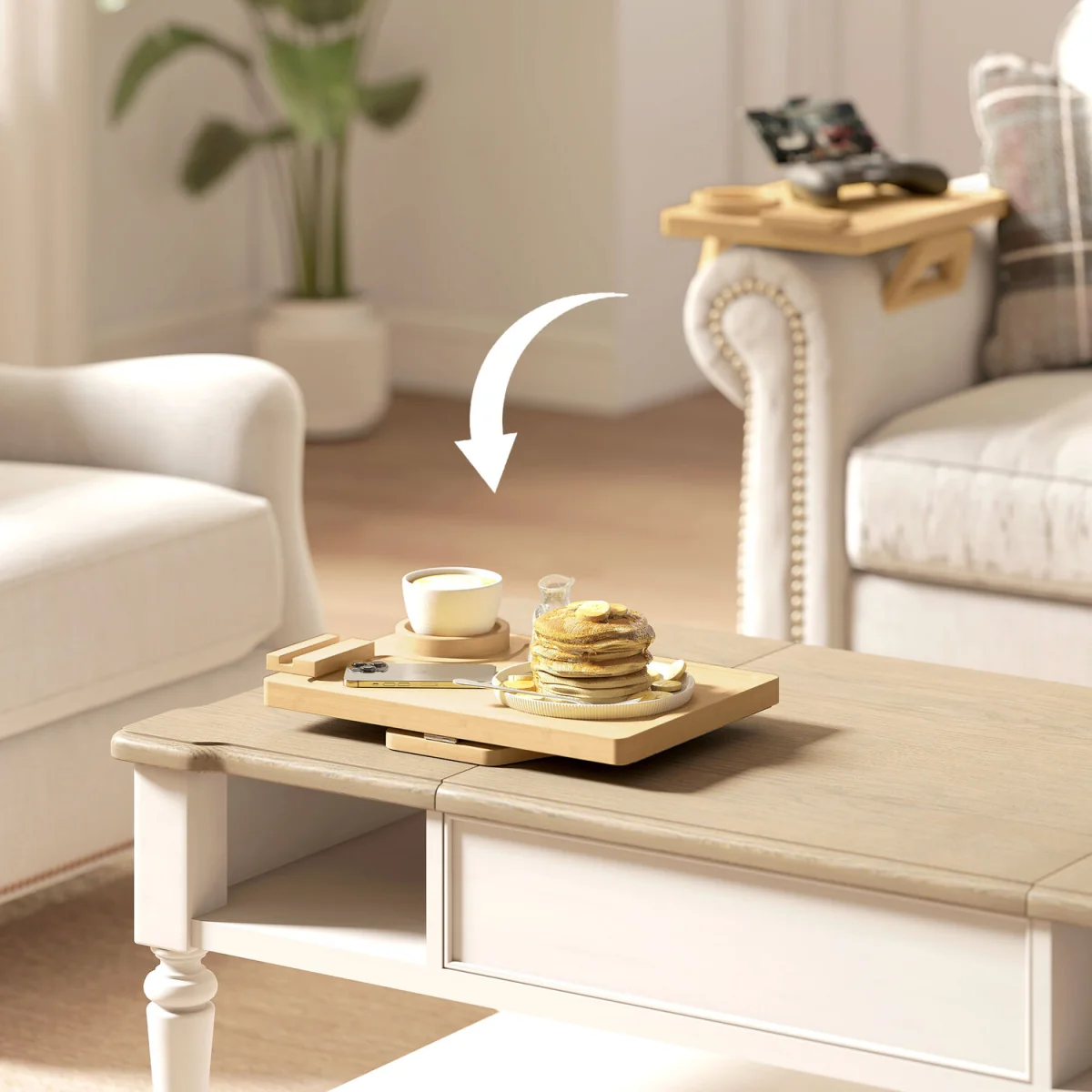 HOMCOM Anti-Slip Sofa Armrest Tray with Phone and Cup Holder - Natural wood finish – image 4