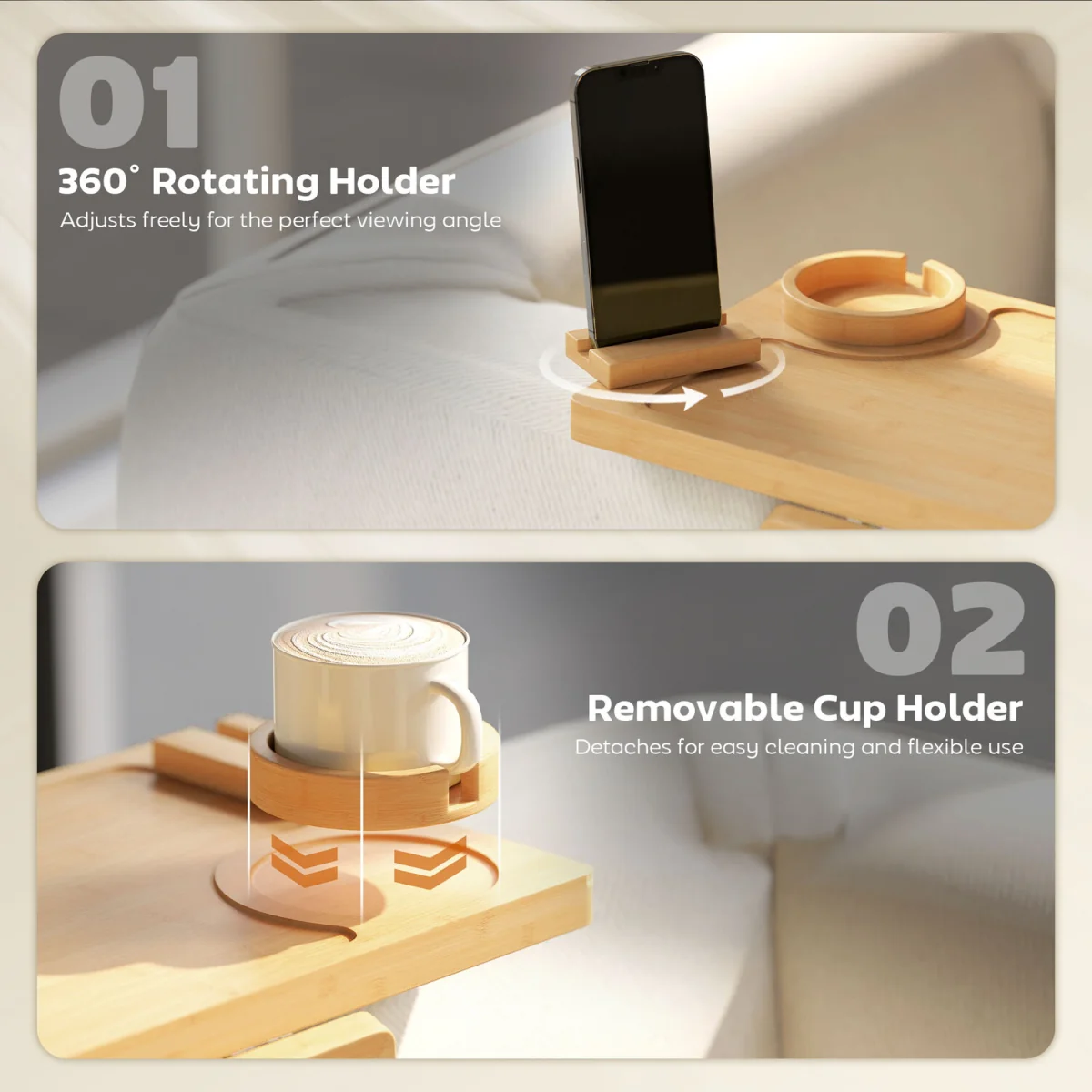 HOMCOM Anti-Slip Sofa Armrest Tray with Phone and Cup Holder - Natural wood finish – image 5
