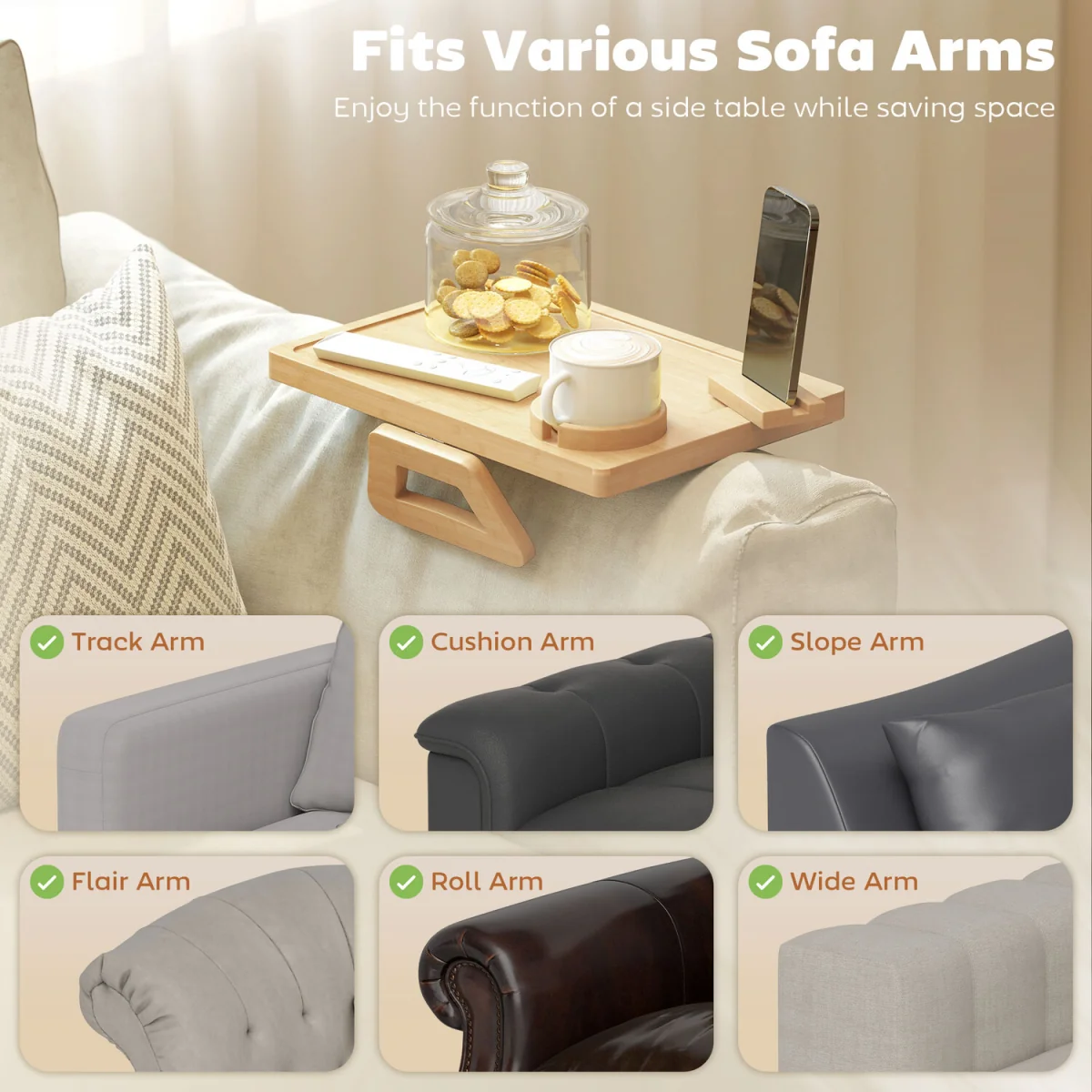 HOMCOM Anti-Slip Sofa Armrest Tray with Phone and Cup Holder - Natural wood finish – image 7