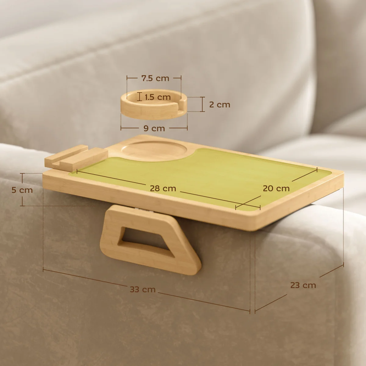 HOMCOM Anti-Slip Sofa Armrest Tray with Phone and Cup Holder - Natural wood finish – image 8