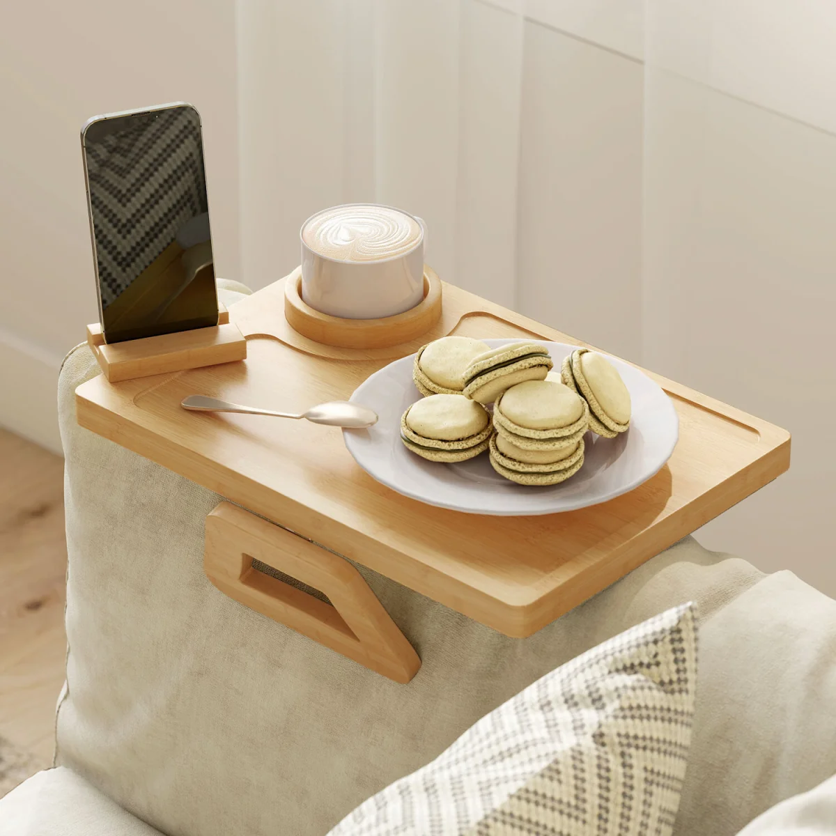 HOMCOM Anti-Slip Sofa Armrest Tray with Phone and Cup Holder - Natural wood finish – image 9