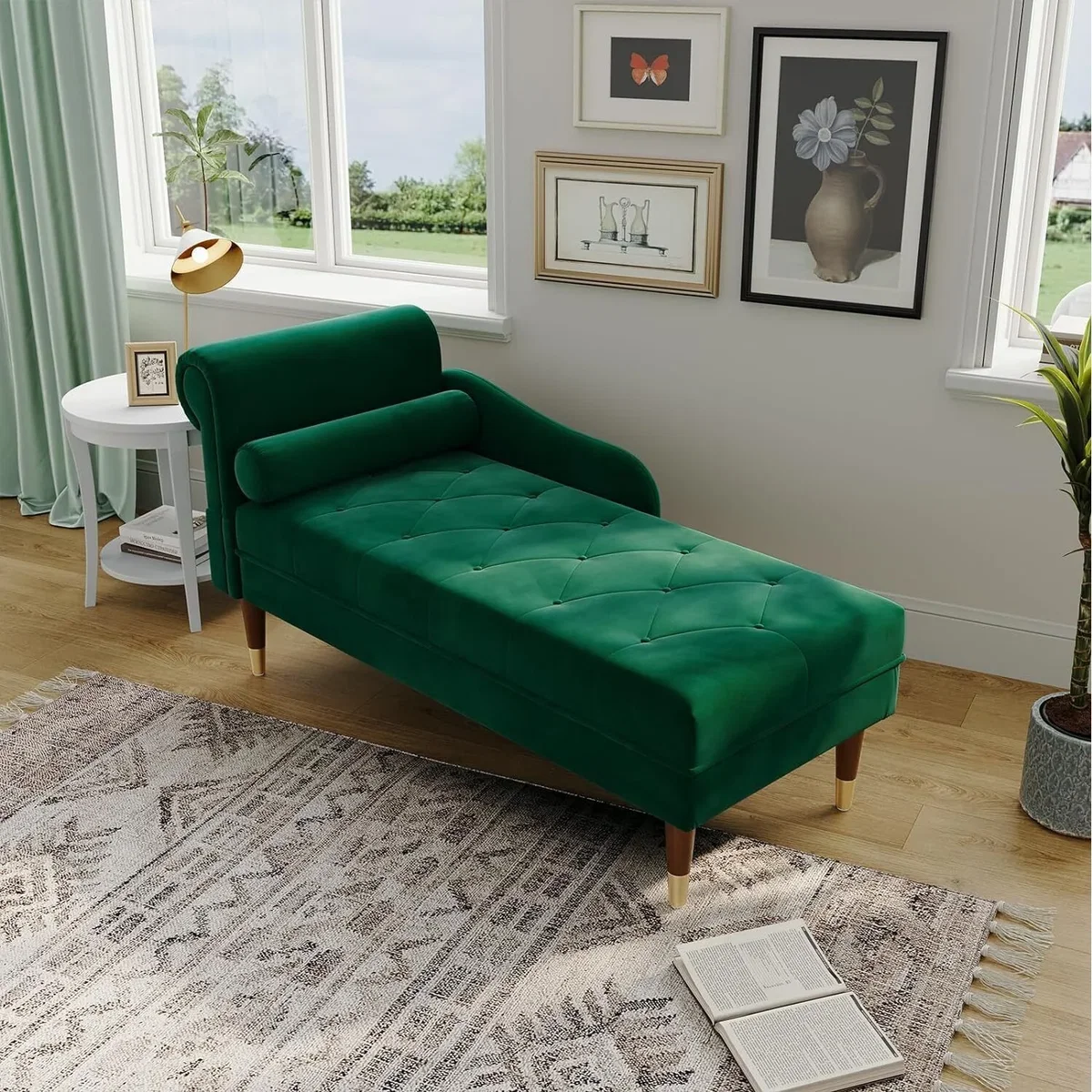 Velvet Indoor Lounge Sofa With Right Armrest - Green