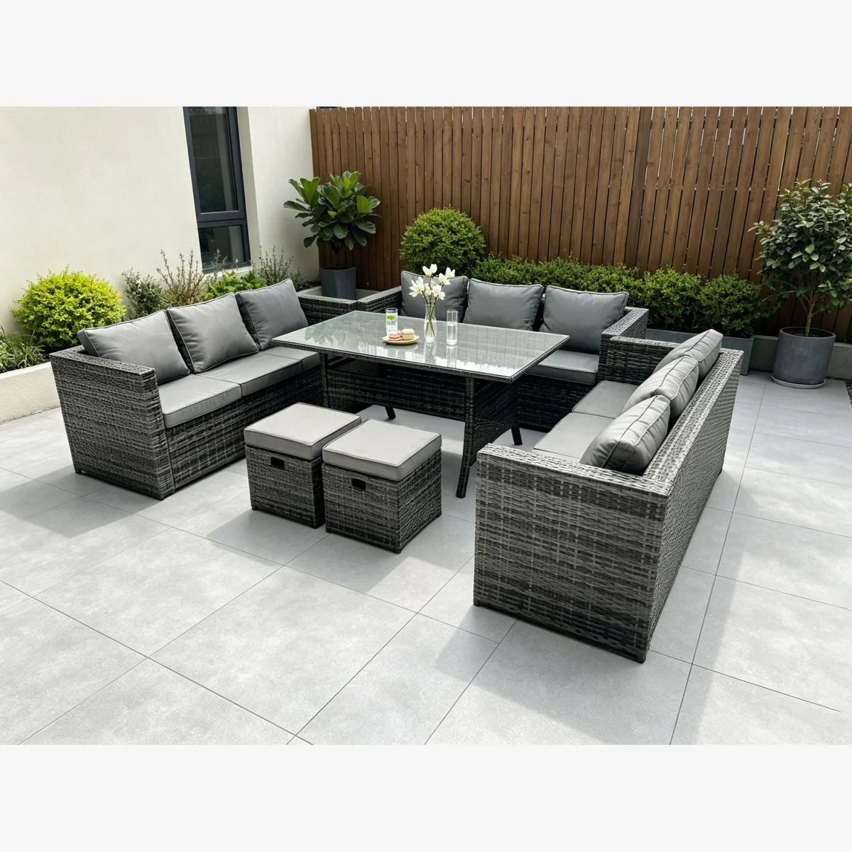 Fimous 11-Seater Rattan Lounge Sofa Set with Dining Table & Stools - Dark Grey