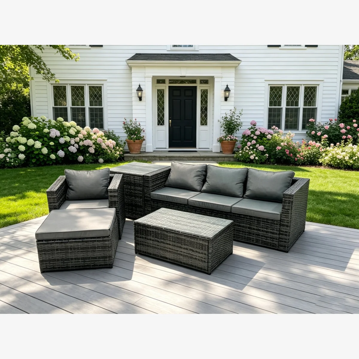 5-Seater Rattan Sofa Set with Coffee Table and Chair for Outdoor Patio - Dark Grey Mixed