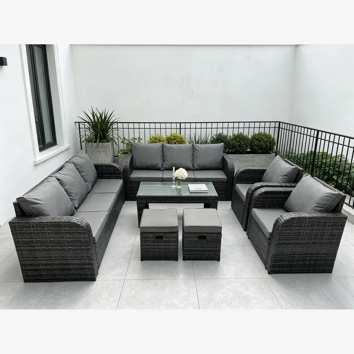Fimous 10-Seater Rattan Lounge Sofa Set with Reclining Chair - Dark Grey