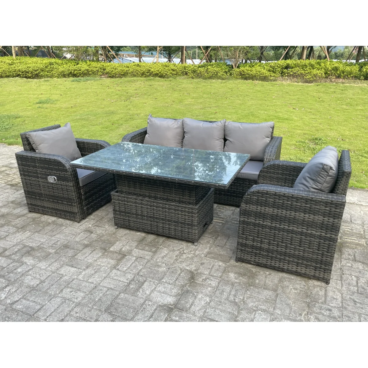Rattan 5 Seater Adjustable Dining Set Lounge Sofa Reclining Chairs - Dark Grey Mixed – image 2
