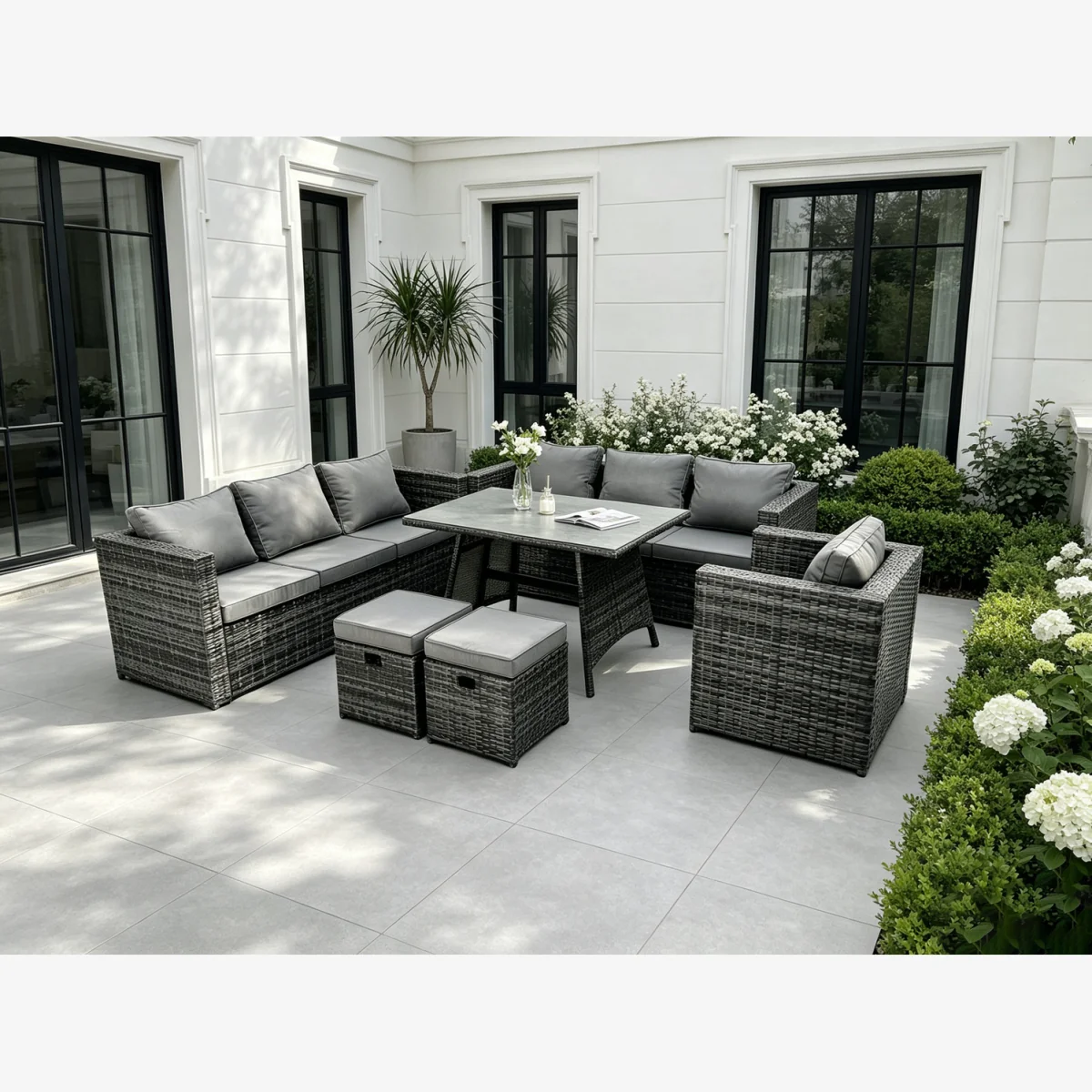 Fimous 9-Seater Rattan Sofa Dining Set with Table, Armchair & Stools - Dark Grey – image 1