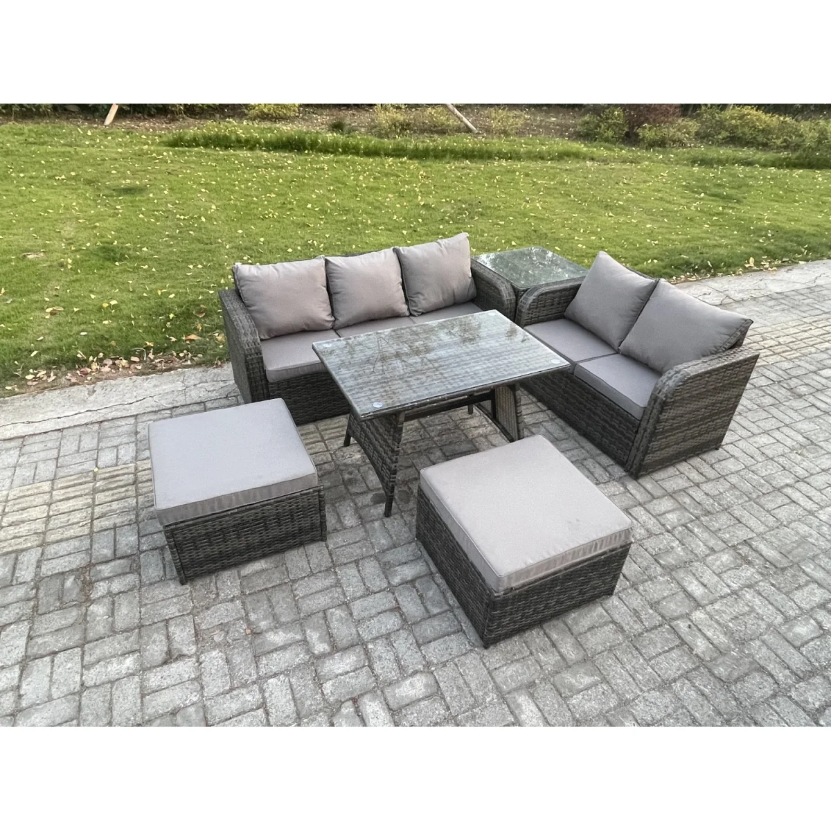 Fimous 7-Seater Rattan Sofa & Rectangular Tempered-Glass Table - Dark Grey - Dark Grey Mixed – image 4