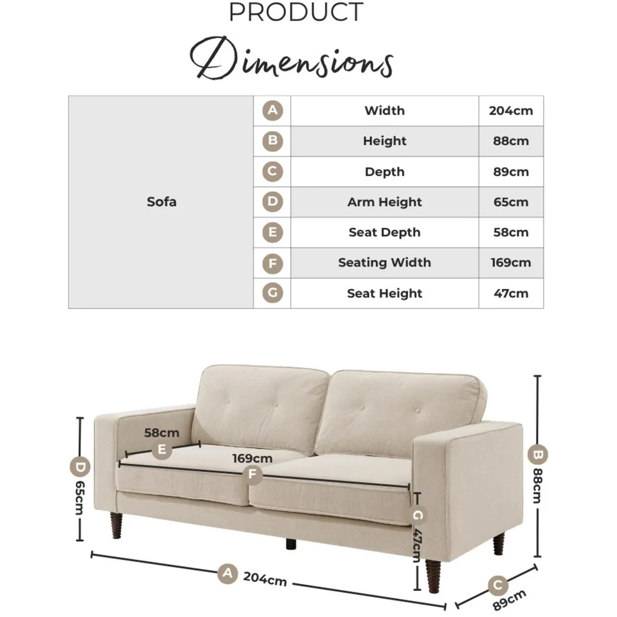 Jasper Linen-Look Fabric 3 Seater Sofa - Beige – image 2