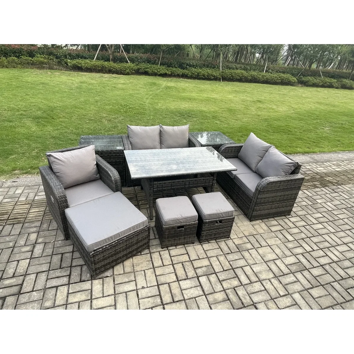 Fimous 8-Seater Rattan Lounge Sofa Set with 2 Side Tables & 3 Stools - Dark Grey – image 3