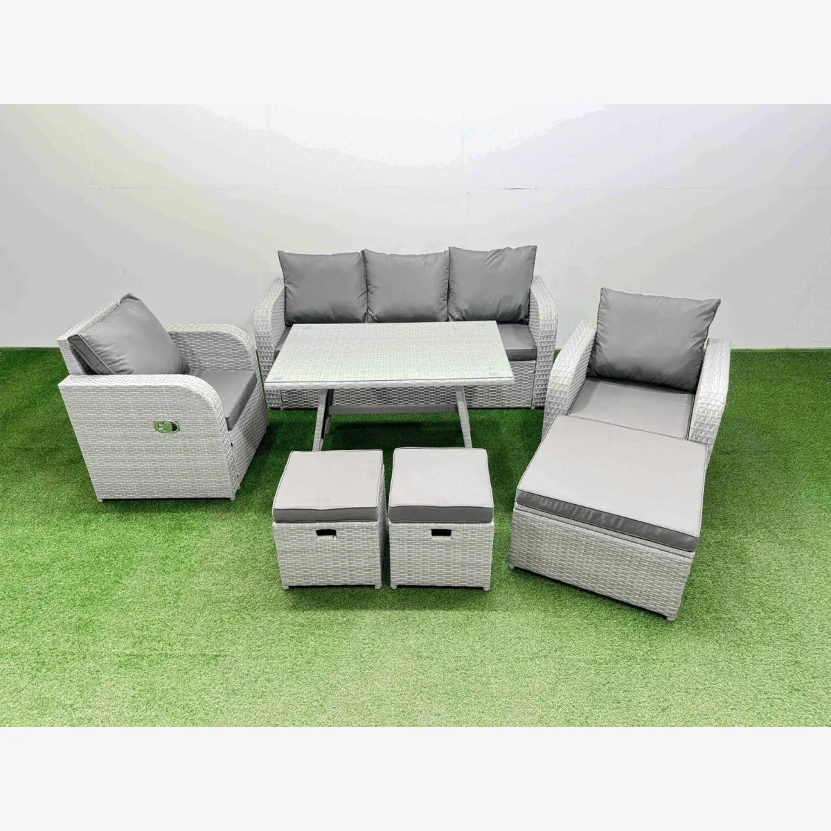 Fimous Reclining 3-Seat PE Rattan Sofa Set with Dining Table and 3 Footstools, Light Grey. - Light grey rattan + dark grey fabric – image 1