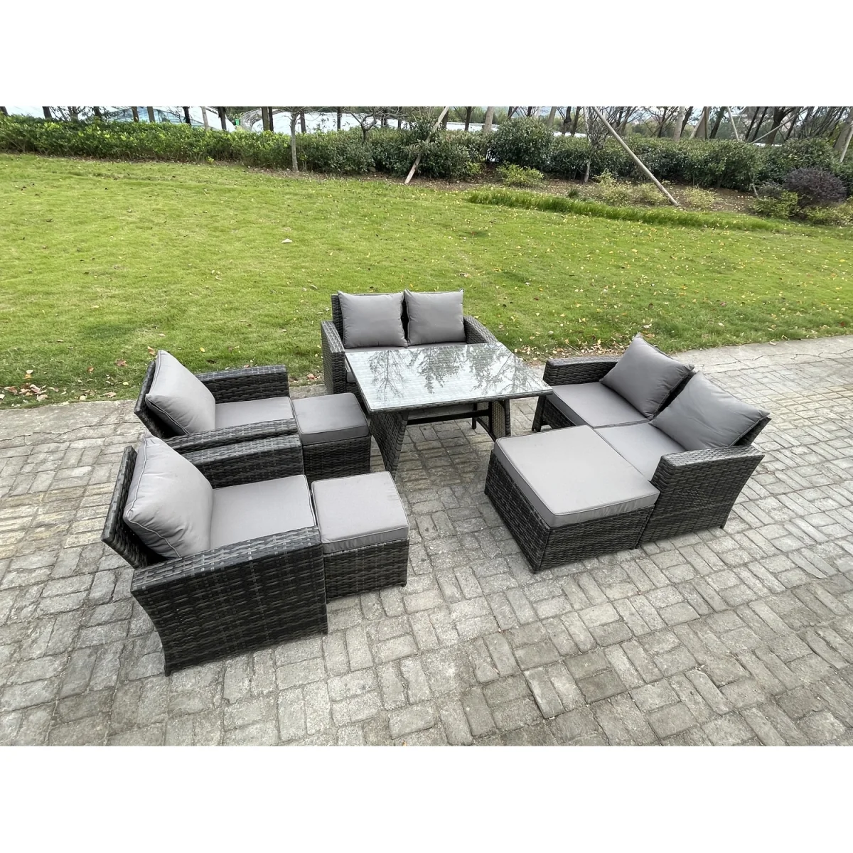 Fimous 8-Piece Dark Grey Rattan Patio Sofa and Table Set. - Dark grey mixed rattan with dark grey fabric – image 3