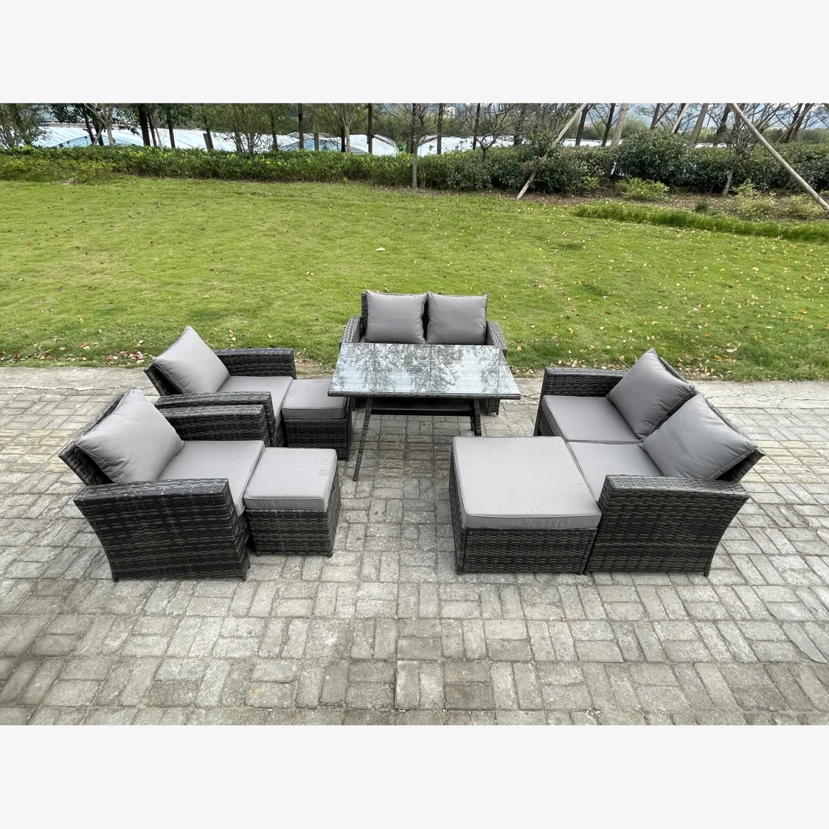 Fimous 8-Piece Dark Grey Rattan Patio Sofa and Table Set. - Dark grey mixed rattan with dark grey fabric – image 1