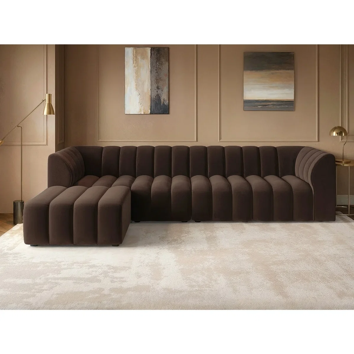 Halle Channel Tufted 4 Seater Modular Sofa with Reversible Footstool Mocha Velvet - Mocha – image 2