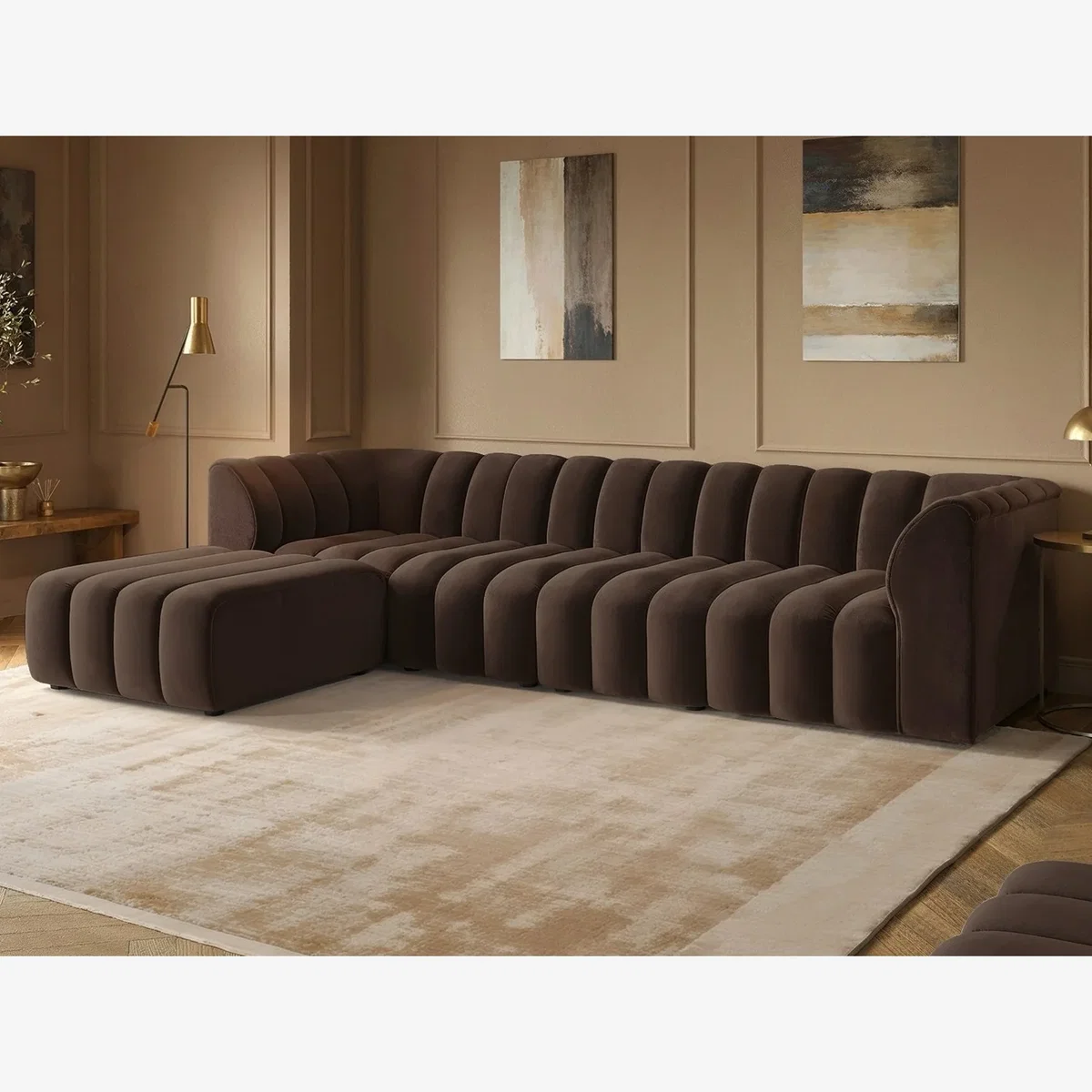 Halle Channel Tufted 4 Seater Modular Sofa with Reversible Footstool Mocha Velvet - Mocha – image 1