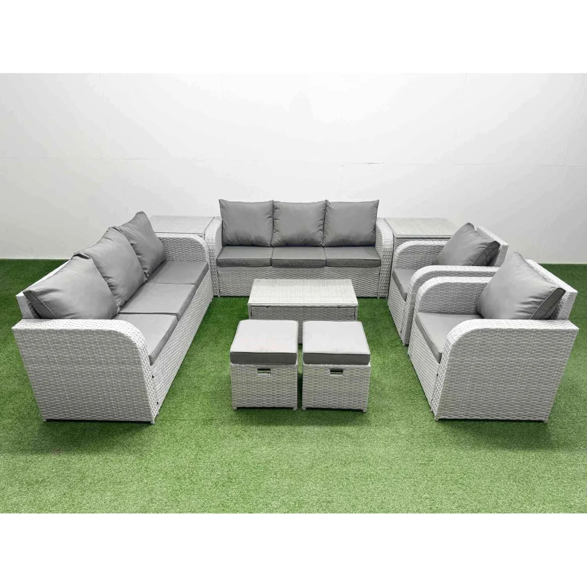 Fimous PE Rattan High Back 10-Seater Patio Sofa Set in Light Grey. - Light grey rattan with dark grey fabric – image 1