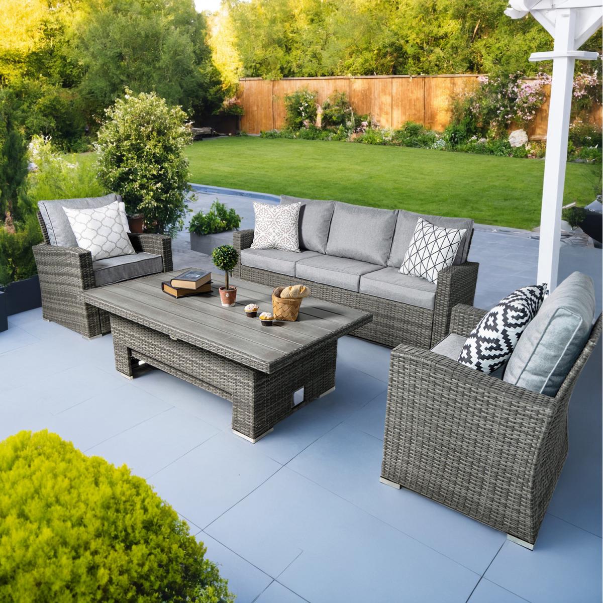 Vermont Luxury Grey Rattan Sofa Set with Adjustable Table - Grey